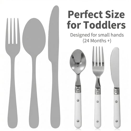 Hemoton 9-piece kids stainless steel flatware set with safe toddler utensils, including forks, spoons, and knives on a white background.
