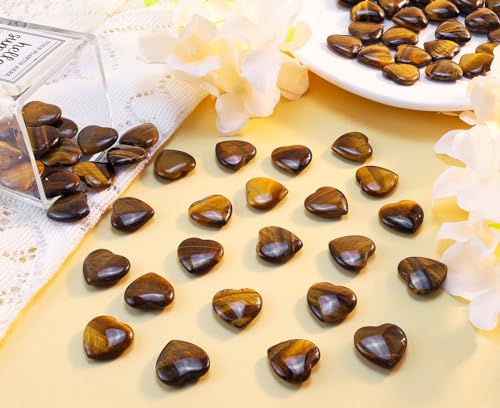 DUQGUHO 50 Pcs Tiger Eye Heart Crystals and Healing Stone Love Heart Shaped Set Crystal Bulk Palm Pocket Wholesale Mothers Day Gifts for Mom