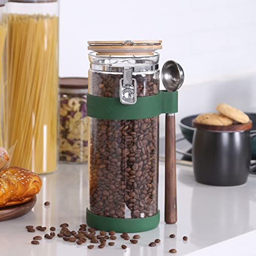 KKC Vacuum Sealed Coffee Bean Storage Container with Scoop,Airtight Glass Container Jar with Hinged Lid and Spoon for Ground Coffee,Loose Leaf Tea,Brown Sugar,Nut,Oatmeal,54 Fl oz 54 Floz + Scoop +Silicon sleeve