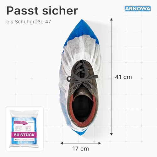 50 x Arnomed CPE + PP Disposable Shoe Covers 9 g Premium | Rutschfeste Überzieher Schuhe Weiß/Blau, Schuhschutz Überzug bis Gr 47, Maße: 17x40cm, robuste Überschuhe für die Baustelle 050pcs