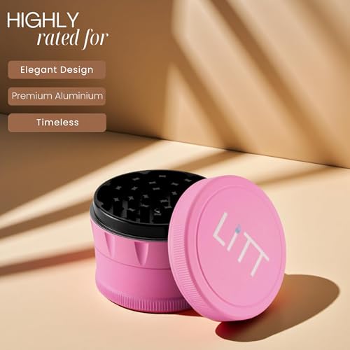 LITT Grinder - Premium Aluminium Herb Grinder with Unique Curved Teeth, Strong Magnetic Top Lid, 4-Piece Design, Kitchen Storage Accessories for Spices and Herbs | Pink