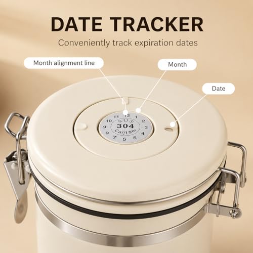 MEGAWISE EGAWISE Coffee Canister, 1.5L Airtight Stainless Steel Coffee Container with CO2 Valve, Date Tracker, Locking Lid, 304 Inner Bowl for Coffee Beans, Grounds, Tea, Sugar, Cream White 1.5 liters