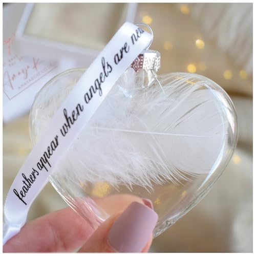 White Feather Glass Heart Bauble. Gift Boxed Christmas Tree Decoration. Spiritual Angel Gift. Memorial Condolence Ornament