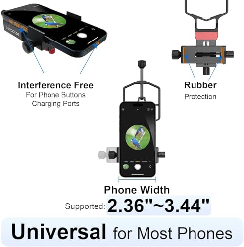 tridaptor - Universal Digiscoping Adapter | High-Precision Phone to Telescope 3-Axis Metal Holder Mount for Spotting Scope Monocular Microscope|Fits 2.4" Eyepiece Max&Most Cell Phone Camera TRIDAPTOR (without Bluetooth)