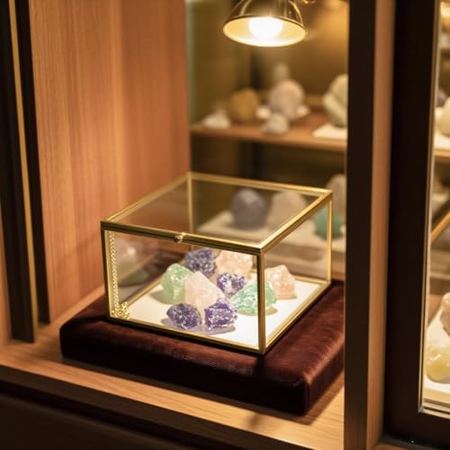 Feyarl Gold Glass Crowns Box Jewelry Trinket Ring Earring Keepsake Wedding Photo Cards Decorative Box Crystal Stones Display Holder Organizer for Birthday Dresser Tabletop（6.3 x 6.3 x 3.35inch