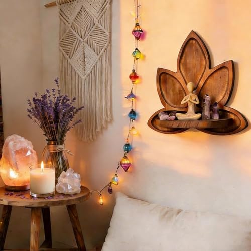 Small Carved Lotus Flower Decorative Wooden Floating Wall Shelf, Boho Zen Spiritual Home Decor for Yoga & Meditation Space Walnut