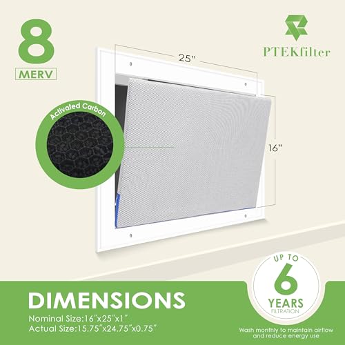 16x25x1 Washable & Reusable Air Filter with Activated Carbon Layer, MERV 8 Air Filters for AC HVAC Furnace, Machine Washable & Dryer Friendly 16" x 25" x 1"