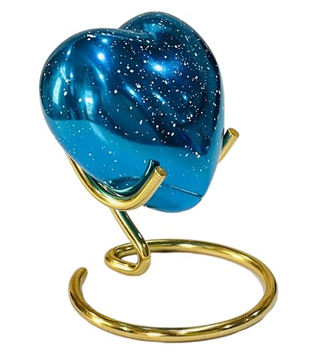 Decorative Blue Speckled Heart Keepsake with Gold Stand, Blue Galaxy Design, Heart Urns with Scented Candle for Human Remains Ashes
