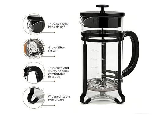 French Press Coffee Maker 304 Stainless Steel Double Mesh Filter, Borosilicate Glass French Press-34oz Black 34oz-Clasic