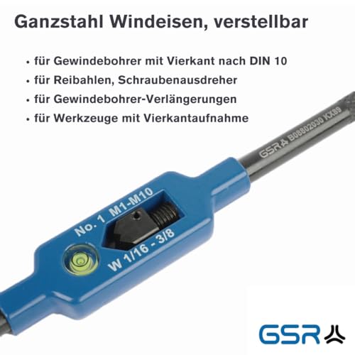 GSR Steel Tap Wrench with Centering Eye, Silver (Size 1 | M1 - M10), Holder for Taps, Square Socket, Made of High-Quality Stainless Steel, Adjustable Steel Tap Wrench Size 1 (M1-M10)