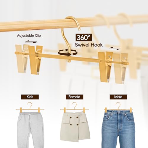 10 Pack Gold Metal Pants Skirt Hangers with Clips & Swivel Hooks 10 Pack