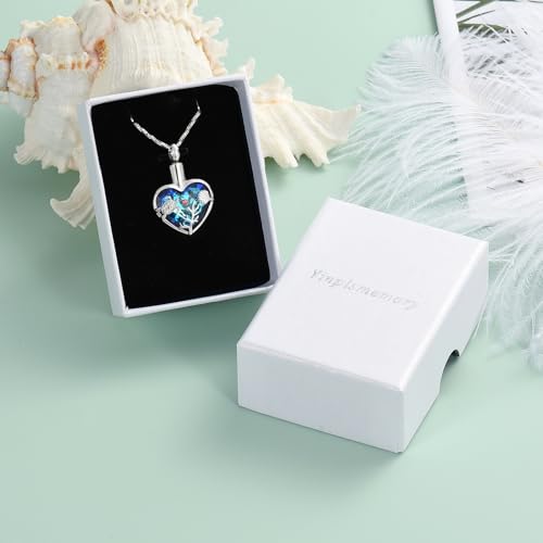 Yinplsmemory Sea Turtle Urn Necklaces for Ashes for Women Men Stainless Steel Crystal Heart Urn Locket Pendant Keepsake Memorial Cremation Jewelry Blue-silver