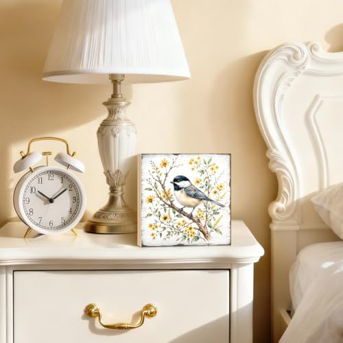 Chickadee Garden With Flowers Wood Block Plaque Box Sign 5.9 * 5.9 white076