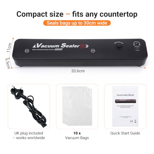 Vacuum Sealer Machine with 30cm Longer Dry Vacuum & 60 KPA Powerful Suction, Pulse Mode for for Vac/Seal/Rice/Dry, Equipped LED Light, Includes 10 Bags, Ideal for UK Kitchen Storage UK 3-Pin Plug Black