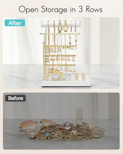 VLANDO Jewelry Stand Organizer with Ring Holder Tray, Necklace and Earring Storage for Bracelets, Watches and Rings, PU Leather Covered Wooden Tray with Gold Metal Frame - White