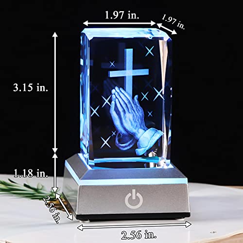 YWHL 3D Crystal Cross Figurine, Praying Hands Religious Gifts for Women Cross in Hand