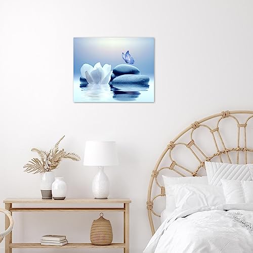 EOBTAIN Zen White Flower Canvas Wall Art Floral and Blue Butterfly on Stone Modern Framed Picture Yoga Spa Spiritual Painting Artwork Print Decor for Bathroom Bedroom Living Room 24x16 Inches 16"L x 24"W