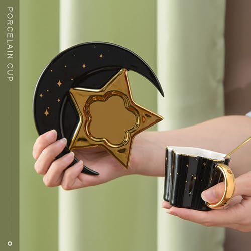 4.2 Ounce Irregular Ceramic Coffee Cup,Gold Plate Handle Mug,Moon and Star Shape Coffee Tea Cup and Saucer Sets with spoon,for Cappuccino,Tea,Cocoa,Cereal,Hot Chocolate (Black with Golden)