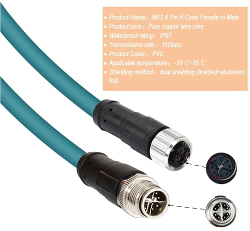 M12 X-Code 8 Pin Industrial Ethernet Cable, IP67 Waterproof Shielded Sensor Cable, Male to Female High-Flex Aviation Connector for Cognex Camera, PLC, Automation System Female to male X-8pin 2m