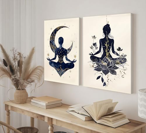 QGJQCFY 2Pcs Celestial Yoga Lotus Moon Canvas Wall Art 12"L x 16"W
