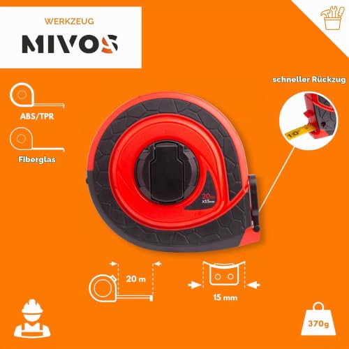 MIVOS Tape Measure 20 m – Robust Tape Measure – Folding Crank – Roll Meter – Fibreglass – Quick Tape Retraction – Rubberised, Non-Slip Inserts – ABS Plastic Housing 20m x 15mm