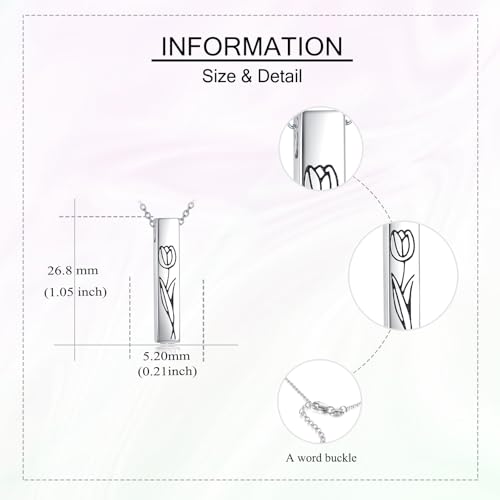 URONE Urn Necklaces For Ashes Sterling Silver Tulip 3D Vertical Bar Memorial Pendant For Loved Ones Keepsake Cremation Jewellery Gifts For Women Men