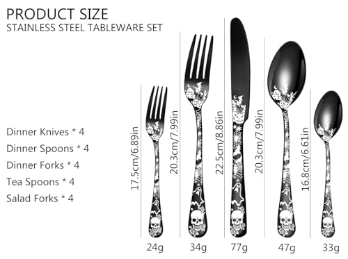 XIAOYU Halloween Themed Skeleton Silverware Set for 4, 20-Piece Stainless Steel Flatware Set, Gothic Skeleton Pattern Decorative Cutlery Set, Halloween Easter and Christmas Tableware, Rainbow Purple, Red, Orange, Yellow, Green, Blue, Indigo, Violet