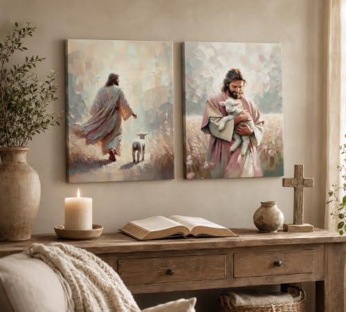 Jesus Embraces Lamb Canvas Wall Art The Lost Lamb Wall Decor Bible Stories Jesus Lamb Painting Picture God Leaving 99 Sheep Poster Prints for Bedroom Prayer Room Church Home Decoration16X24 Jesus holding sheep 16x24in