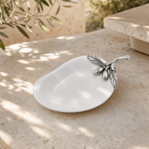 Vagabond House Olive Oil Server and Spoon Rest with Pewter Olive Branch Accent - Elegant Porcelain Kitchen Accessory - 4.5" L x 2.5" W
