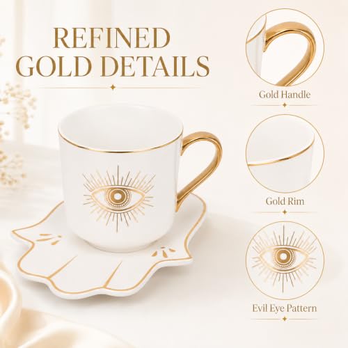 Tofficu Evil Eye Coffee Mug: Vintage Ceramic Teacup Turkish Arabic Greek Tea Server Sets Lucky Evil Eye Coffee Cup with Saucer for Cappuccino Mocha Tea Cereal Latte Mulled Wine