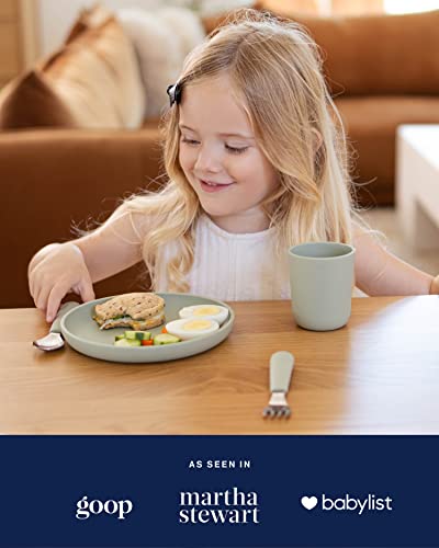 Lalo Big Bites starter kit with five sage silicone plates designed for kids' meals and easy handling.