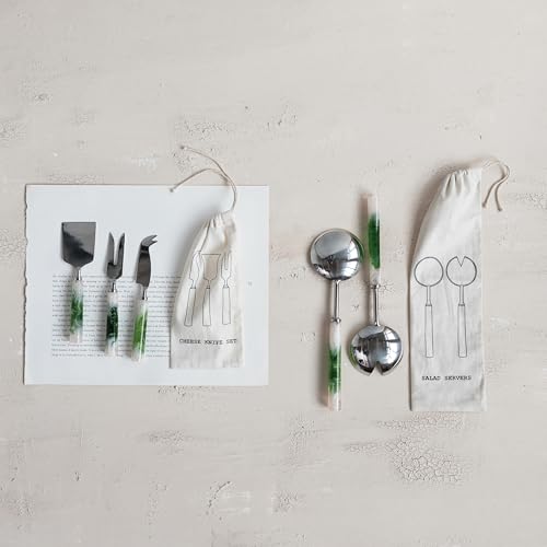 Creative Co-Op stainless steel salad servers with green and white handles, designed for serving salads comfortably.