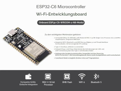 ESP32-C6 RISC-V Microcontroller Development Board Integrated WiFi 6, BLE 5 and IEEE 802.15.4 (Zigbee 3.0 & Thread), Adopts ESP32-C6-WROOM-1-N8 Modules, Supports USB and UART Development