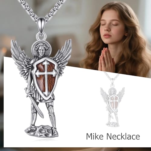 YAFEINI ST Michael Necklace 925 Sterling Silver Wood Saint Michael Pendant Patron Saint Amulet Protection Pendant Necklace Christian Jewellery Gifts for Women Men