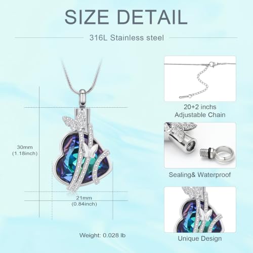 Butterfly Urn Necklaces Heart Cremation Jewelry for Ashes Stainless Steel Keepsakes Memorial Lover Ashes Holder Urns Necklaces Pendant Jewelry B-Silver