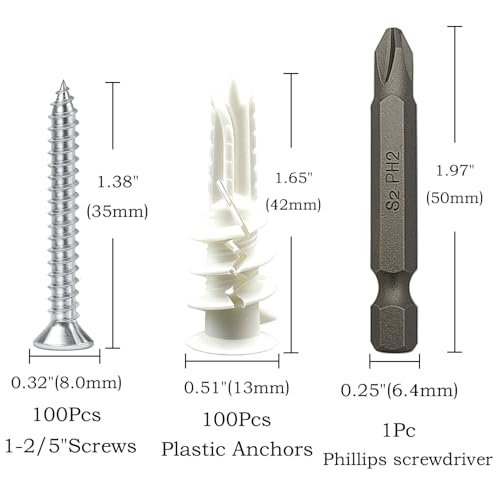 200Pcs Drywall Anchors and Screws Kit, 100Pcs Self-Drilling Plastic Wall Anchors with 100Pcs #8 Phillips Screws & PH2 Bit, Heavy Duty Anchors for Hanging Pictures, Shelves, Home Mounting 1.38 Inch