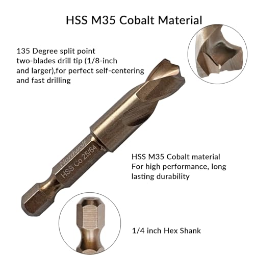 NordWolf 5-piece M35 cobalt stubby hex-shank drill bit set in storage box, SAE sizes 9/64 to 25/64 inches