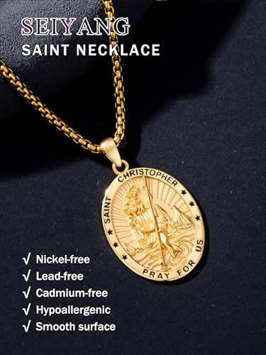 Seiyang 925 Sterling Silver St Michael/St Christopher/St Raphael/St Jude/St Benedict Crucifix Pendant/Nail Cross Necklace Religious Amulet Jewelry Gift for Men Women (with Gift Box) B07-Christopher(Oval)-Gold