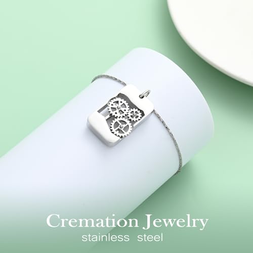 Yinplsmemory Cremation Jewelry for Men Punk Gear Urn Necklace for Ashes Stainless Steel Memorial Ashes Holder Keepsake Loved One Necklace Silver