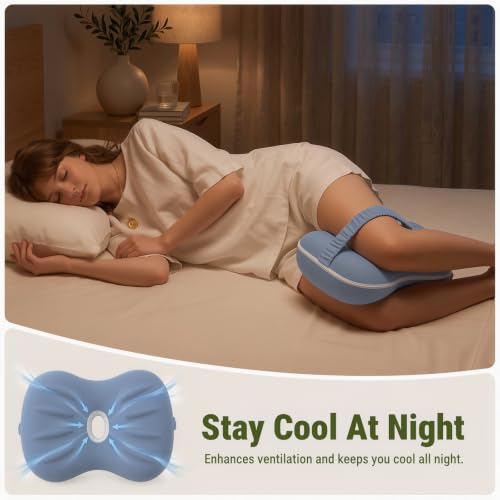 Knee Pillow for Side Sleepers - Cooling Pillow Between Legs for Side Sleeping - Memory Foam Knee Pillow with Strap for Hip Pain & Spine Alignment (Blue) Blue