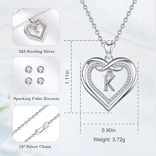 Vito 925 Sterling Silver Initial Necklace for Women, Cubic Zirconia Double Heart Letter Pendant, 18" K