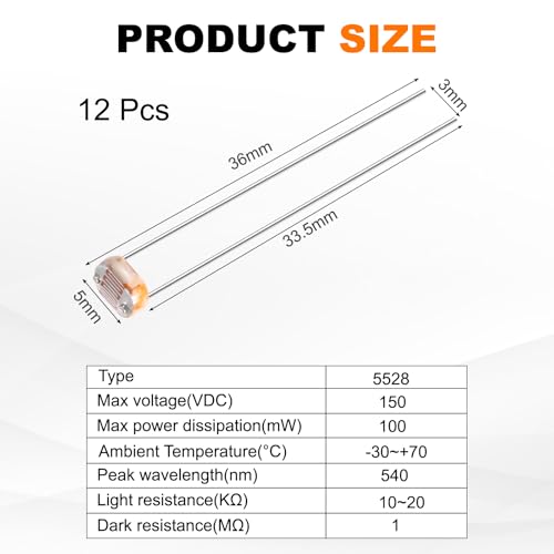 sourcing map 12 Pieces Photoresistor Kit 5mm Light Dependent Resistor (LDR) Light Sensitive Resistor Passive Components for DIY Industrial Experiments, GL5528 10~20KΩ