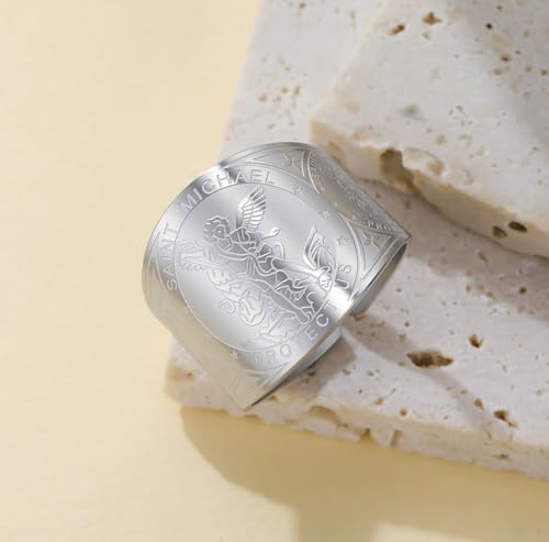 Seals of The Seven Archangels St. Michael Ring San Miguel Archangel Defeating Satan Figurine Ring Patron Saint Amulet Christian Guardian Jewelry Gift for Men silver