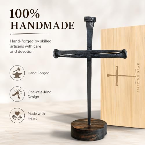 Handmade Iron Cross Decor, 3 Nails Crucifix Cross Statue, Christian Religious Gifts for Men Women, Jesus Cross Tabletop Display, Baptism Gift for Pastor Church Office Home Decoration