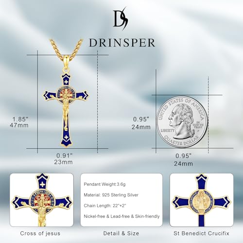 St Benedict Medals Necklace Patron Saint Medalla De San Benito 925 Sterling Silver San Benito Medalla Cross Pendant Religious Amulet Jewelry for Men Women St Benedict Crucifix Blue