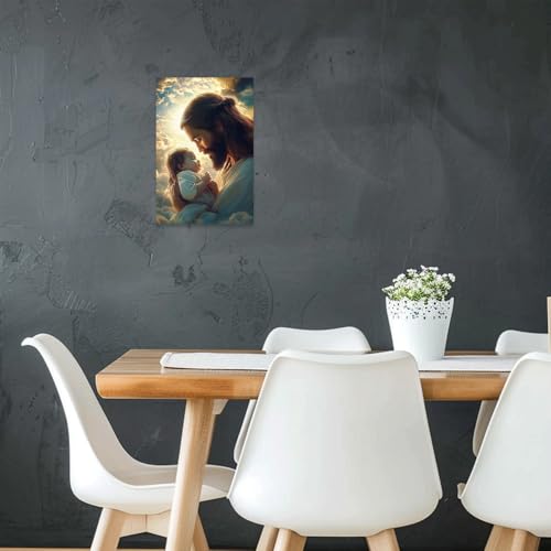 CCWORKERRY Jesus Christ Holding Baby Wall Art Christian Faith Canvas Prints Religion Picture Wall Decor God Painting Church Bedroom Decor Frame(Green,16L x 24W) Green 16L" x 24W"