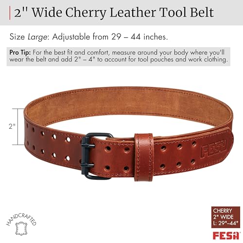FESA men's cherry leather tool belt with handcrafted top grain tool pouch, 2-inch wide, size L