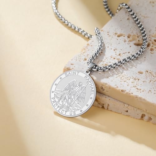 TEAMER Saint Raphael Necklace Archangel of Healing & Protection St. Raphael Pendant Necklace Amulet Religious Jewelry For Men Silver
