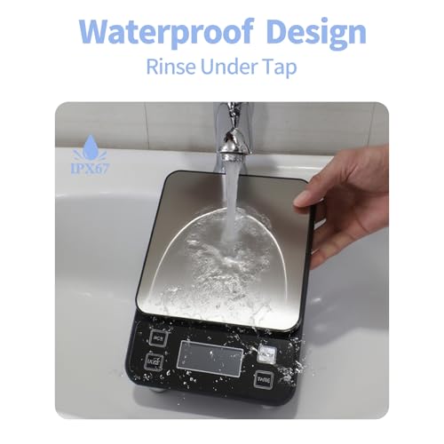 Waterproof Kitchen Scales IPX67, 10kg/22lbs Food Scales with 0.1g High Precision, 10 Units, TYPE-C Rechargeable, Stainless Steel Pan, LCD Display, for Baking, Cooking 10kg-Black