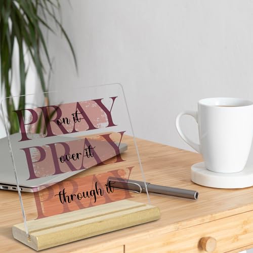 Pink Christian Gifts for Women, Pray on it, Pray over it, Pray through it, Religious Gifts Acrylic Desk Decor Sign Green